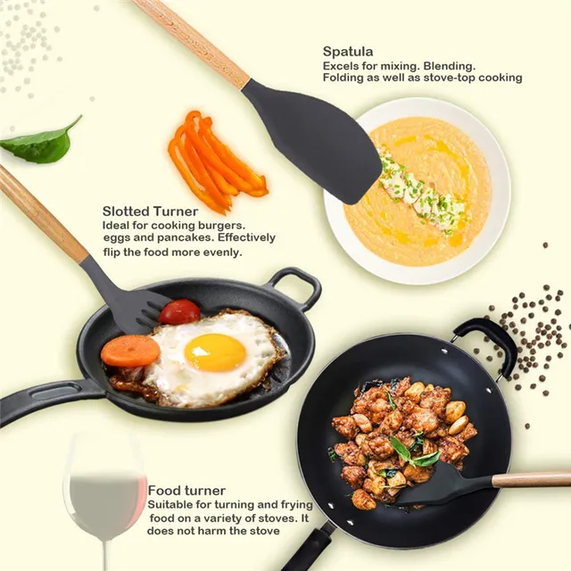 12pc Silicone Kitchen Utensils Set With Wooden Handles - Image 4