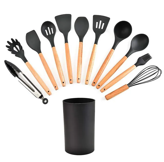12pc Silicone Kitchen Utensils Set With Wooden Handles - Image 3